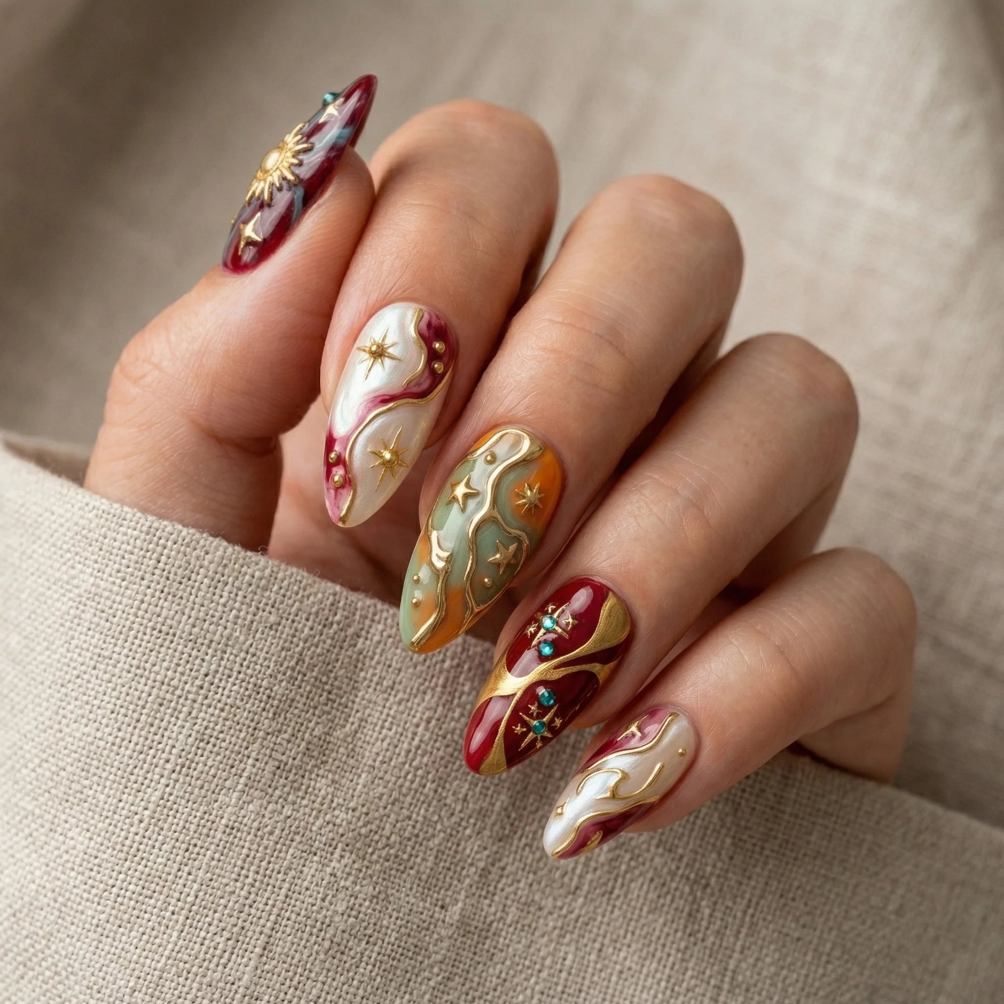 burgundy marble stiletto medium press on nails celestial gold mockup 01