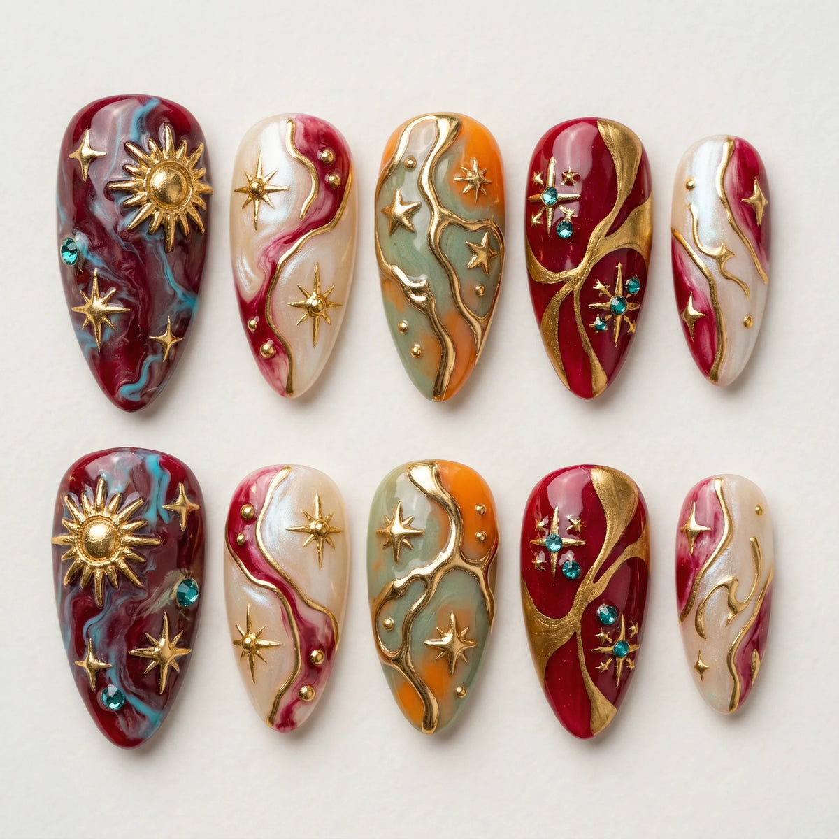 burgundy marble stiletto medium press on nails flat lay 01