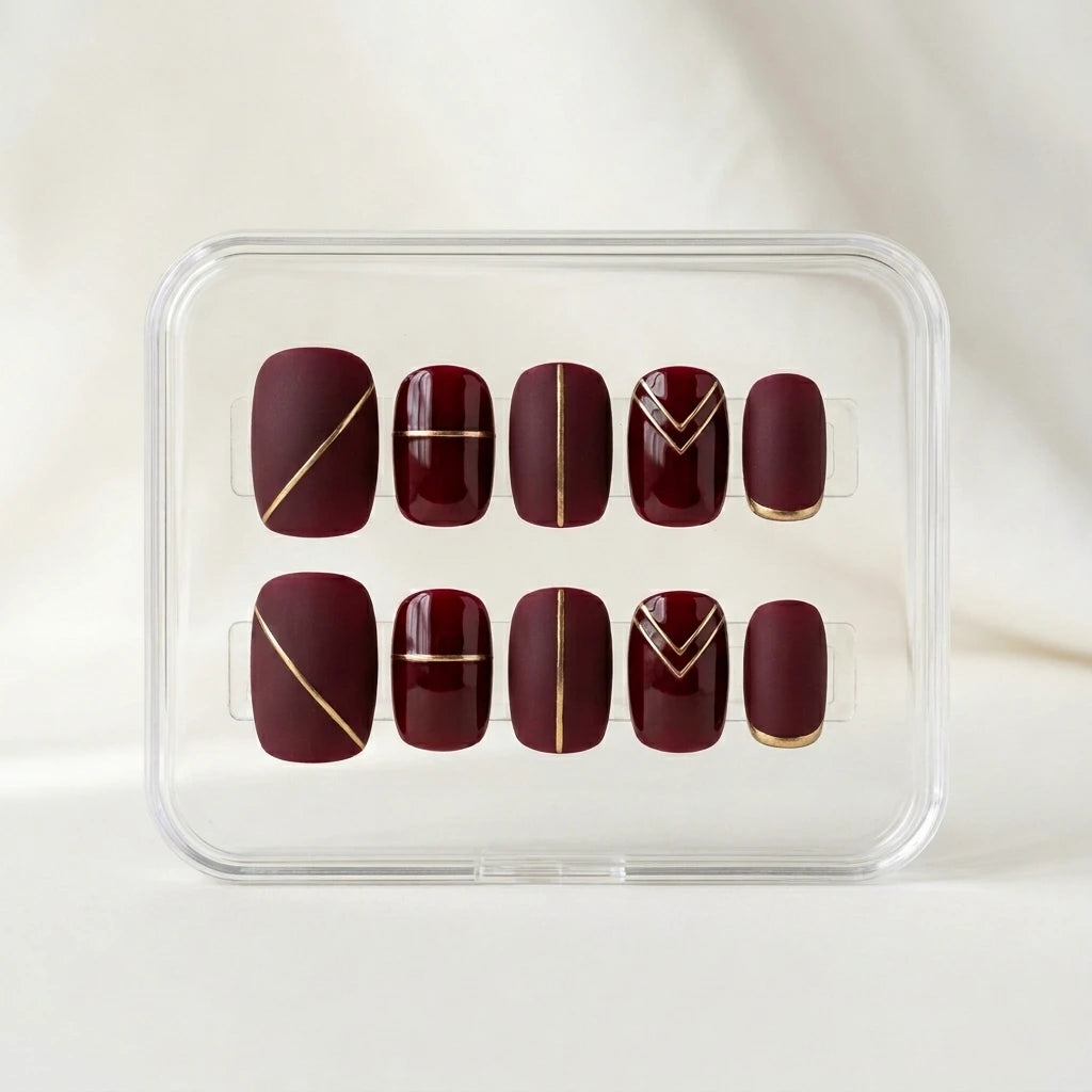 burgundy matte glossy mix square press on nails gold stripe detail 01