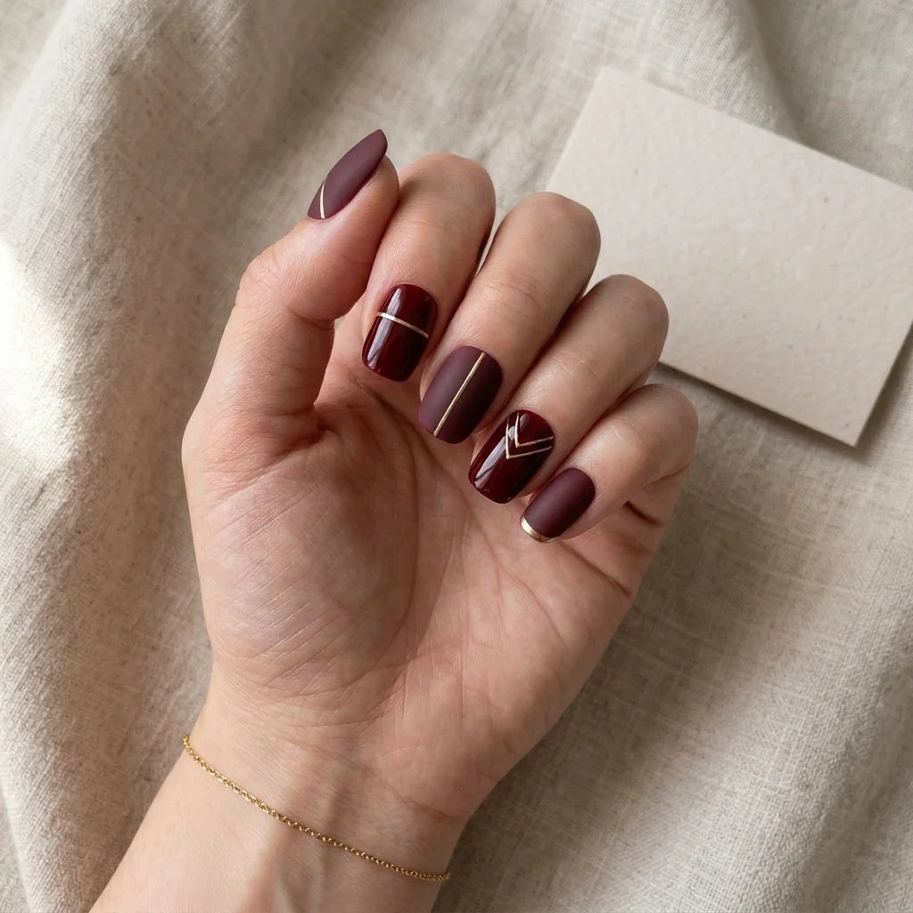 burgundy matte glossy mix square press on nails gold stripe detail 02