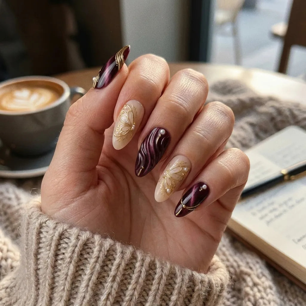 burgundy nude 3d cat eye almond press on nails butterfly pearl lifestyle 01