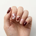 burgundy nude 3d hand painted oval press on nails flower gold rhombus wire flat lay 03