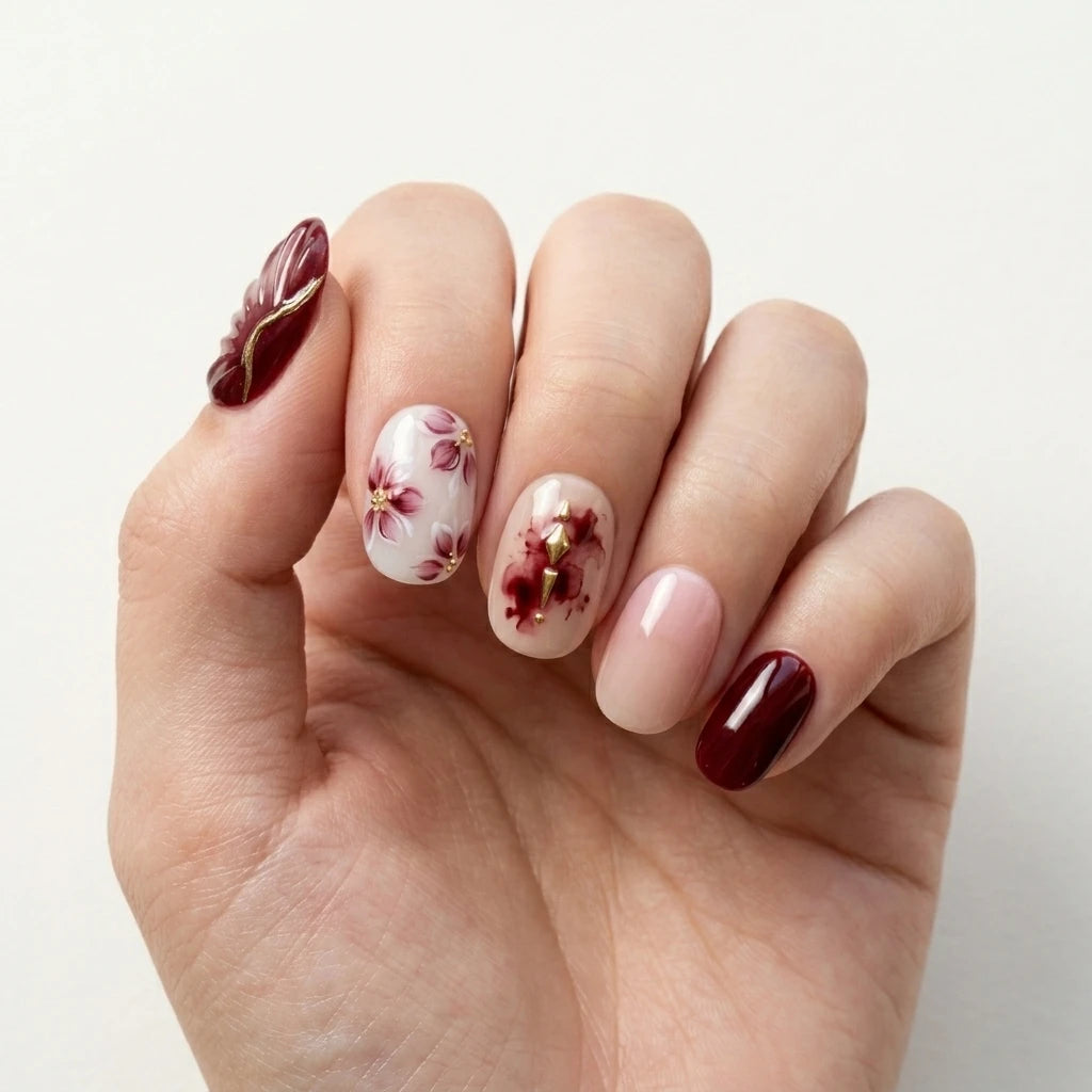 burgundy nude 3d hand painted oval press on nails flower gold rhombus wire flat lay 03