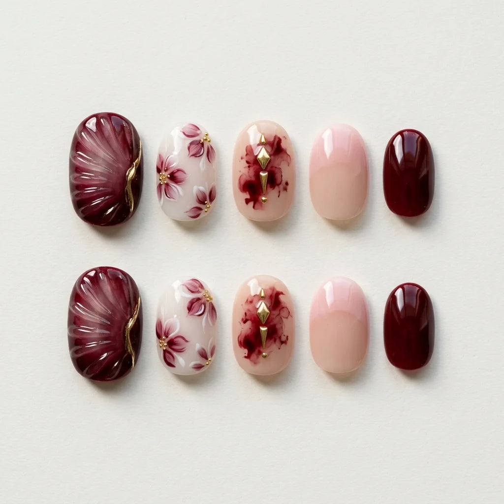 burgundy nude 3d hand painted oval press on nails flower gold rhombus wire lifestyle 02