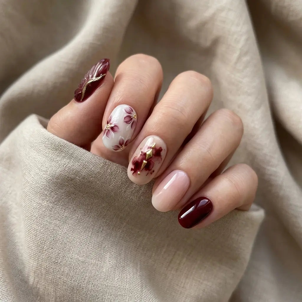 burgundy nude 3d hand painted oval press on nails flower gold rhombus wire mockup 01