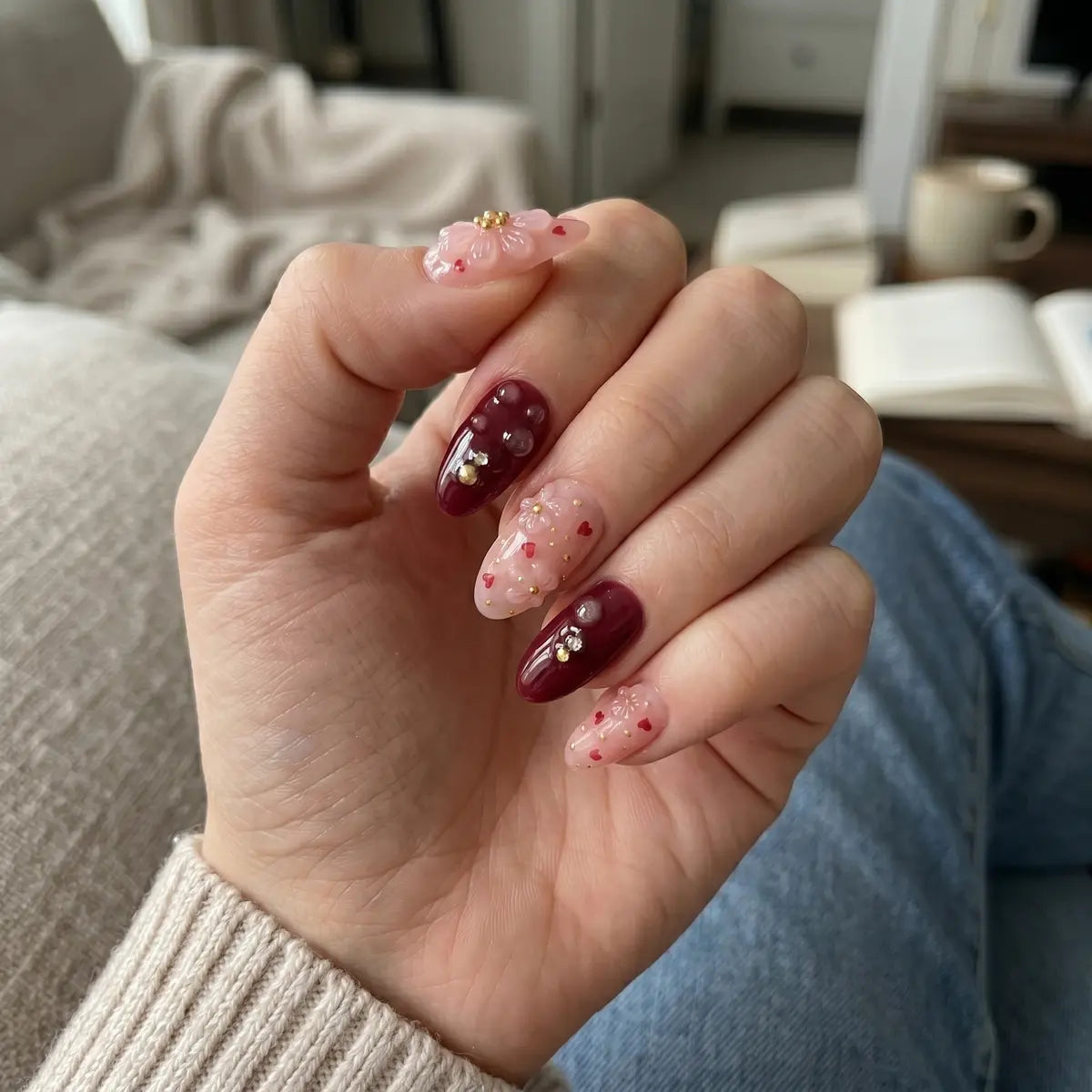 burgundy pink 3d almond press on nails clear flower water drop heart detail 03
