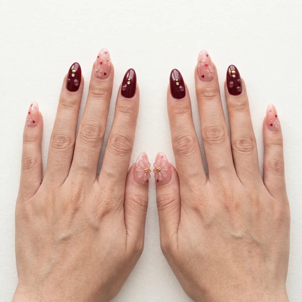burgundy pink 3d almond press on nails clear flower water drop heart lifestyle 02