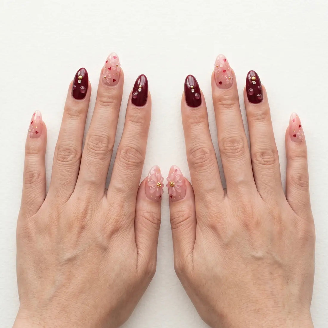 burgundy pink 3d almond press on nails clear flower water drop heart detail 03