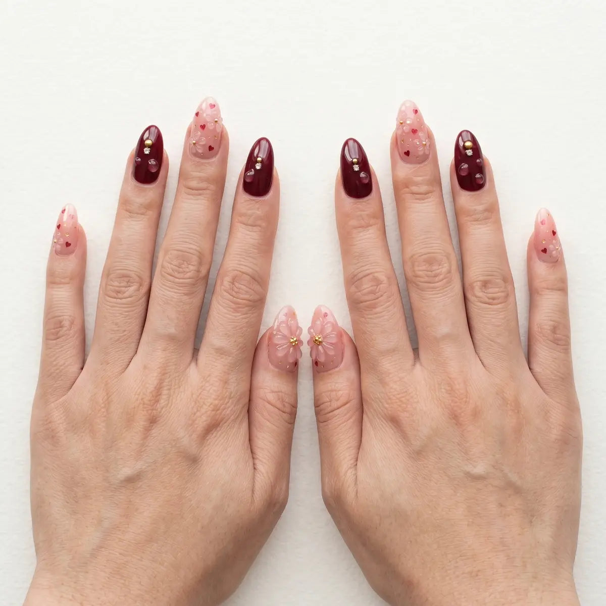 burgundy pink 3d almond press on nails clear flower water drop heart lifestyle 02