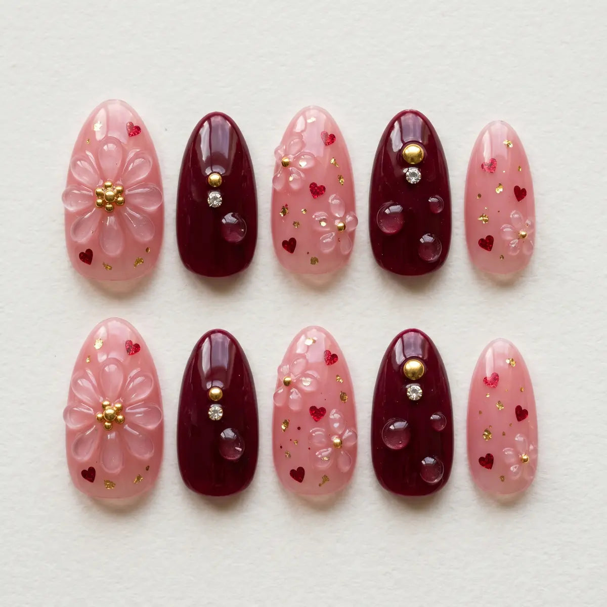 burgundy pink 3d almond press on nails clear flower water drop heart mockup 01