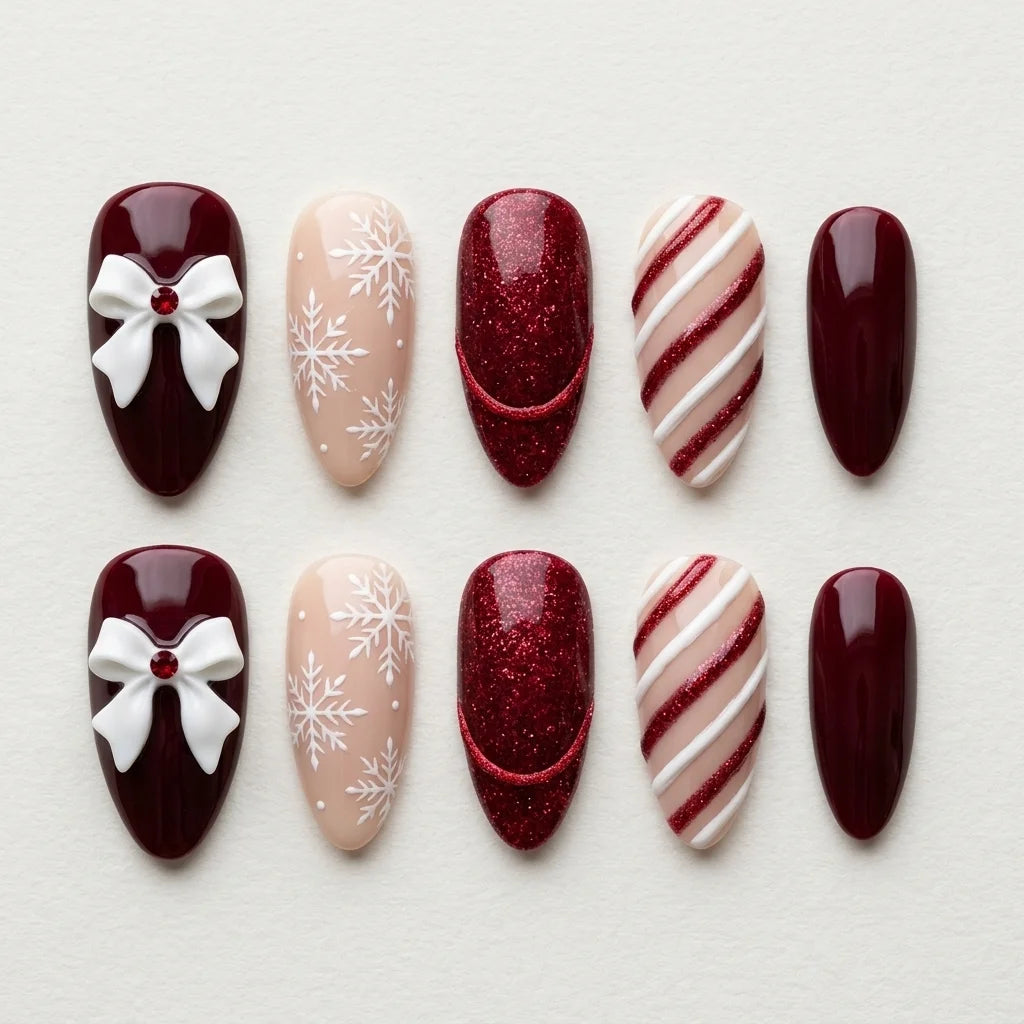 burgundy red blush nude 3d almond press on nails christmas candy cane glitter flat lay 04