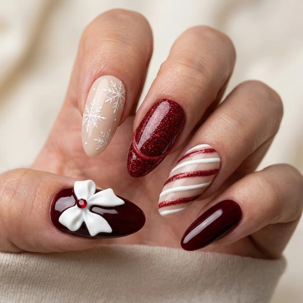 burgundy red blush nude 3d almond press on nails christmas candy cane glitter lifestyle 02