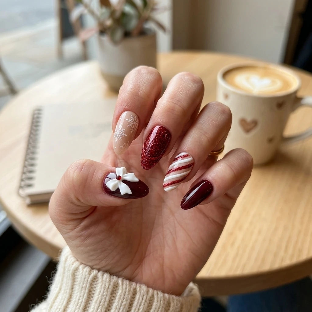 burgundy red blush nude 3d almond press on nails christmas candy cane glitter lifestyle 03