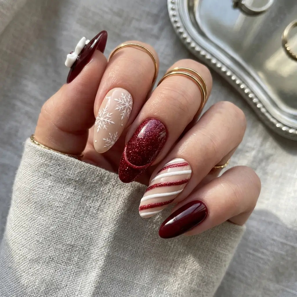 burgundy red blush nude 3d almond press on nails christmas candy cane glitter mockup 01