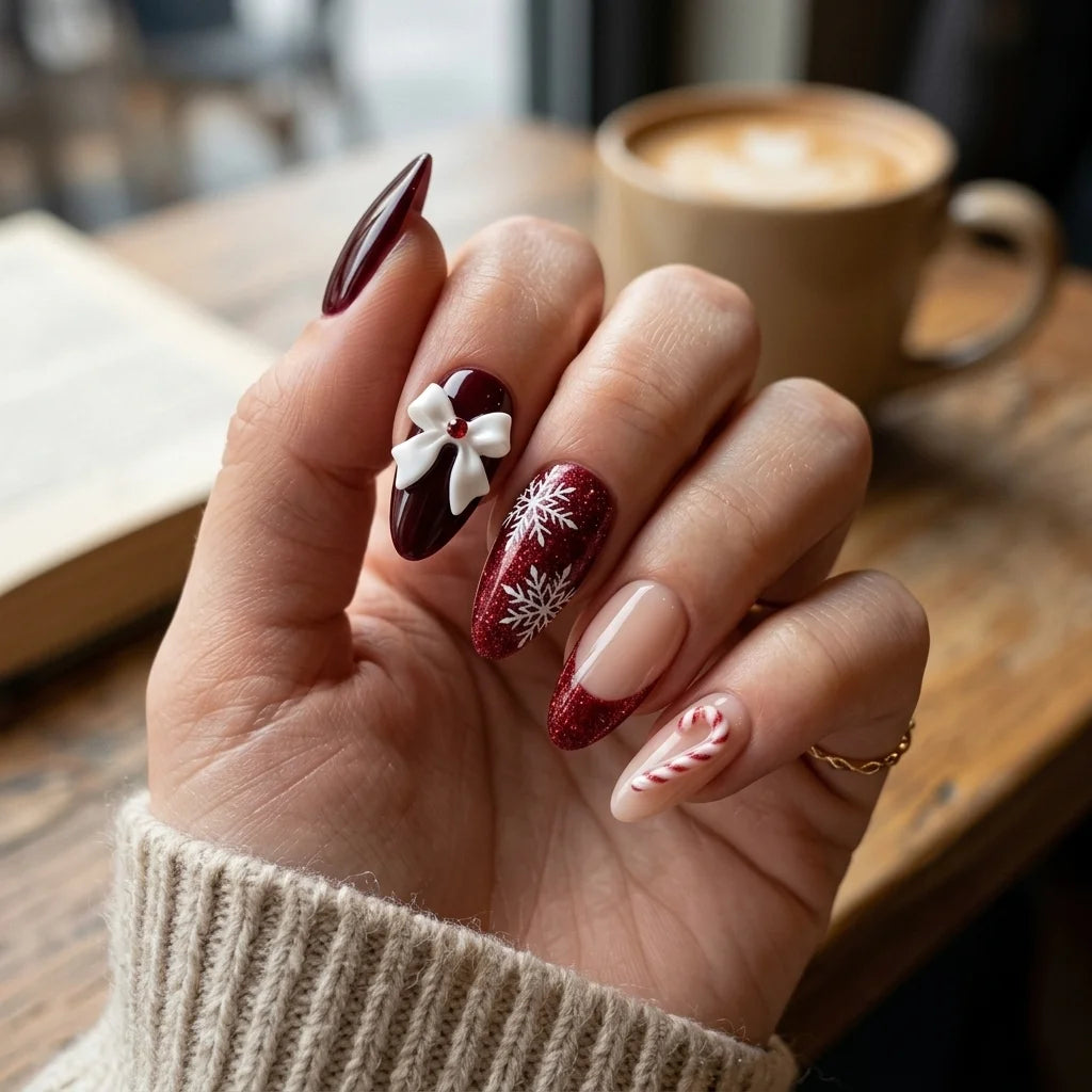 burgundy red blush nude 3d french tip almond press on nails christmas candy cane glitter detail 03