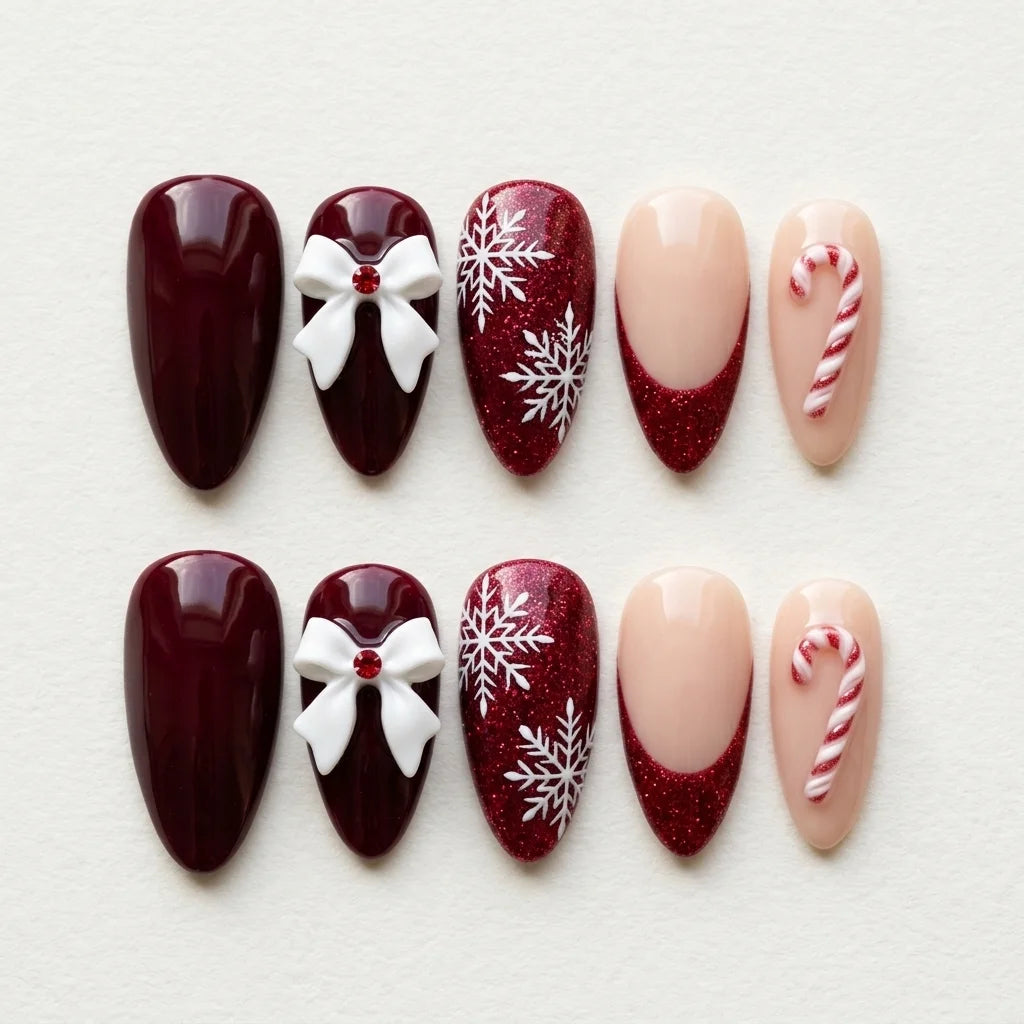 burgundy red blush nude 3d french tip almond press on nails christmas candy cane glitter flat lay 04