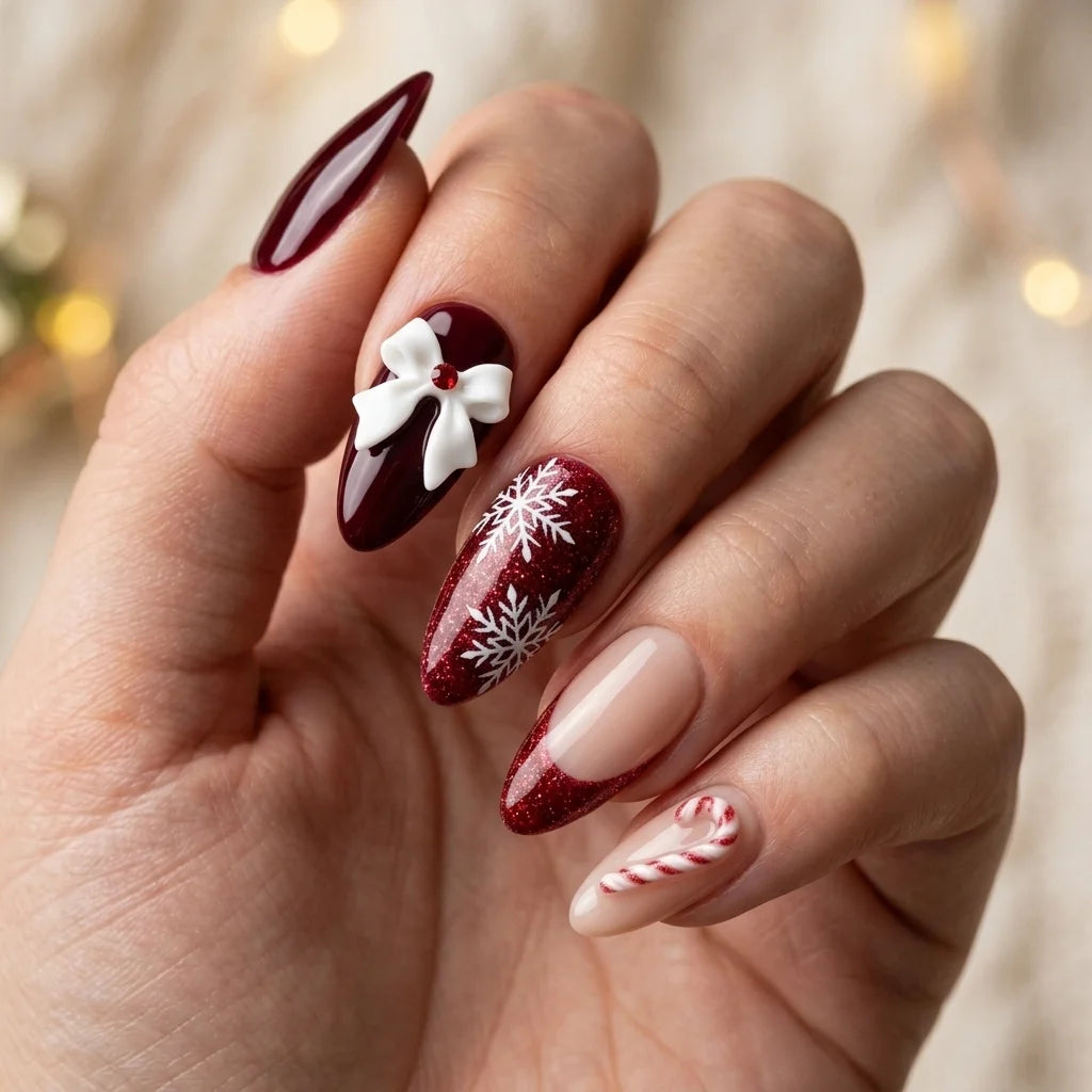 burgundy red blush nude 3d french tip almond press on nails christmas candy cane glitter lifestyle 02