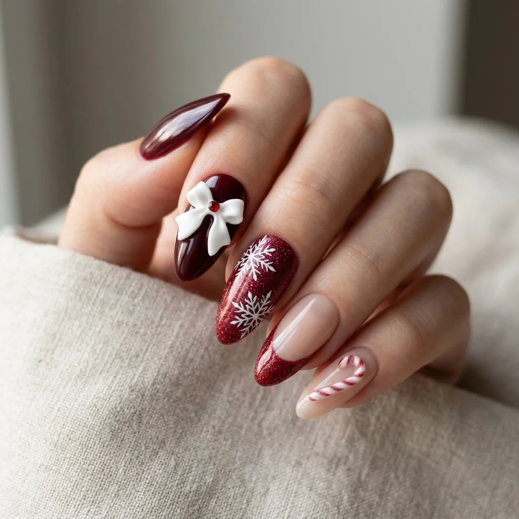 burgundy red blush nude 3d french tip almond press on nails christmas candy cane glitter lifestyle 03