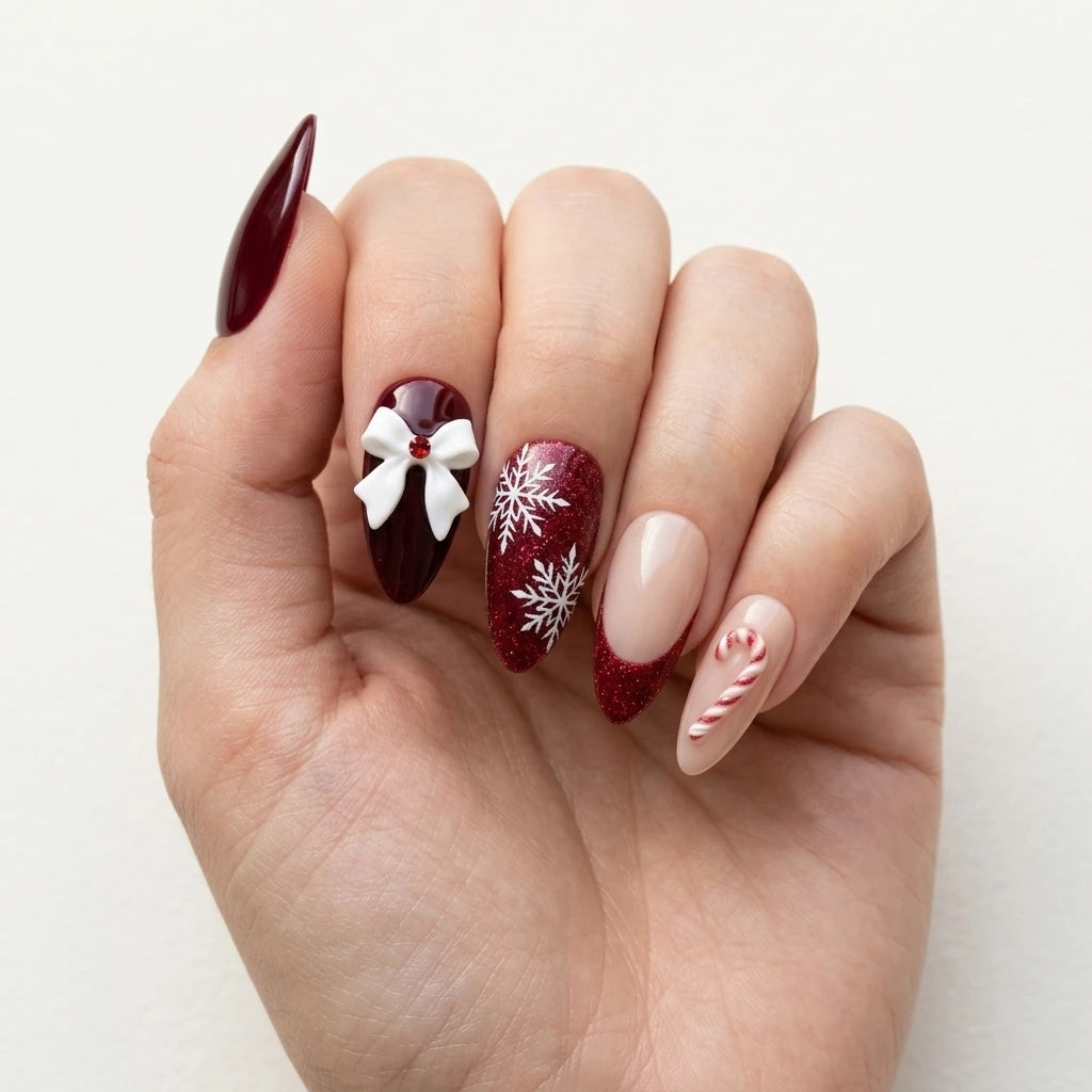 burgundy red blush nude 3d french tip almond press on nails christmas candy cane glitter mockup 01