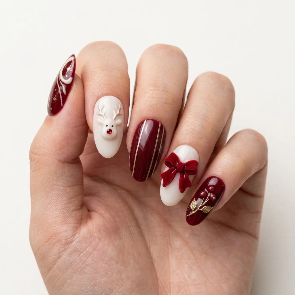 burgundy red milky white 3d almond press on nails christmas reindeer bow glitter detail 03