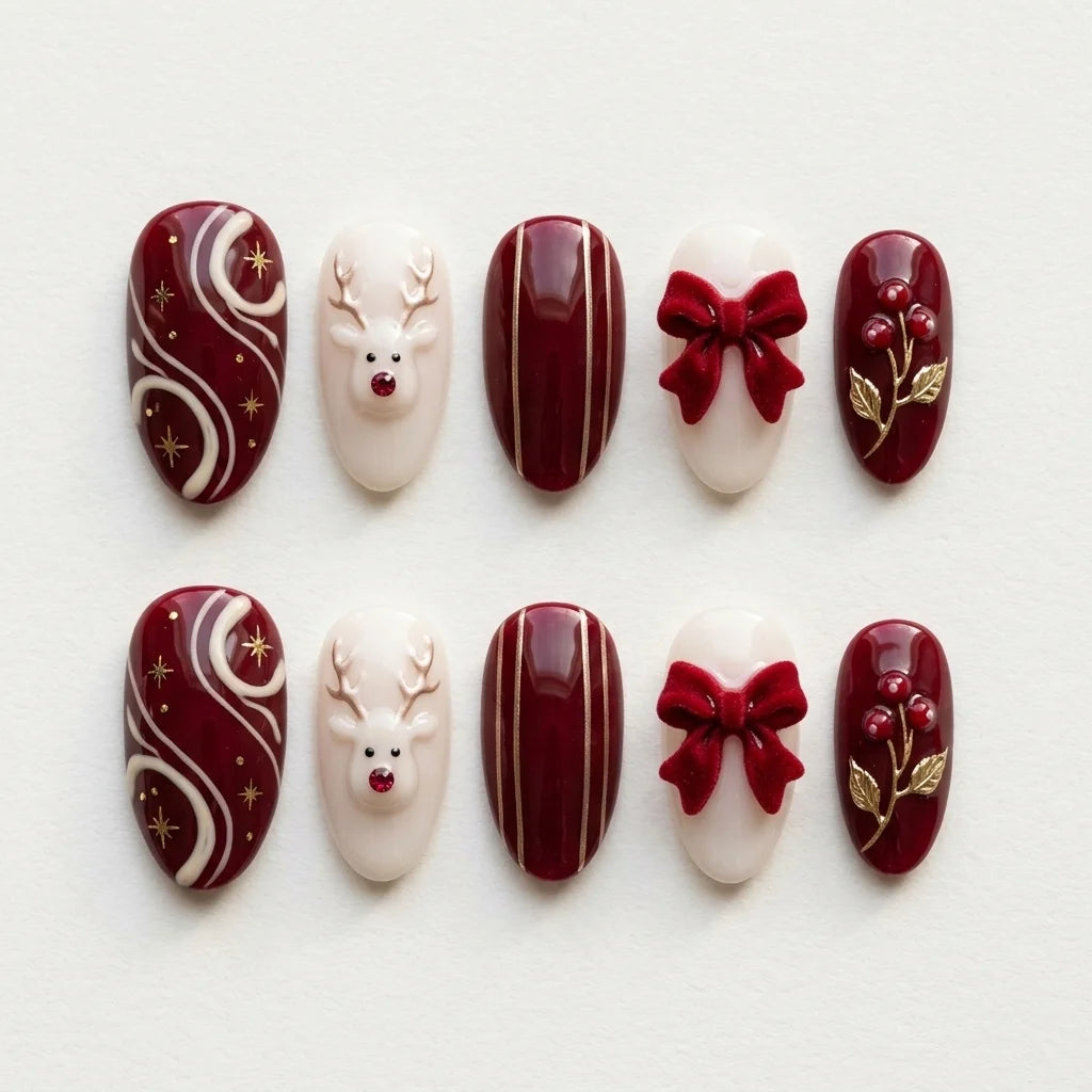burgundy red milky white 3d almond press on nails christmas reindeer bow glitter flat lay 04