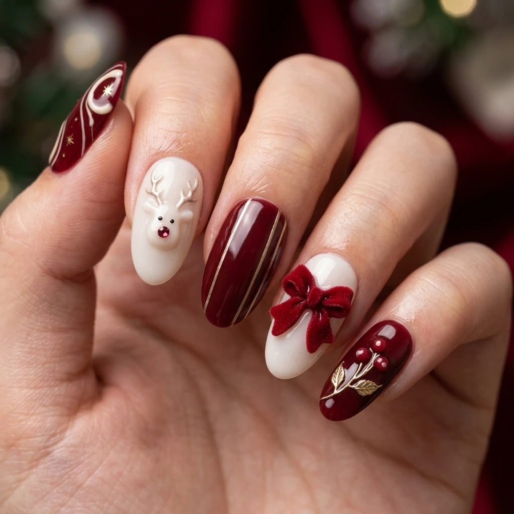 burgundy red milky white 3d almond press on nails christmas reindeer bow glitter lifestyle 02