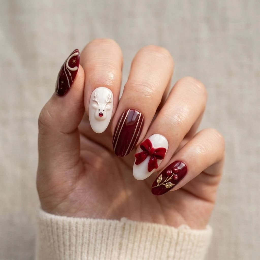 burgundy red milky white 3d almond press on nails christmas reindeer bow glitter mockup 01