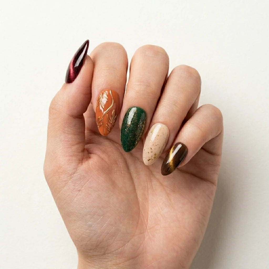 burgundy rust green 3d cat eye almond press on nails vine leaf detail 01