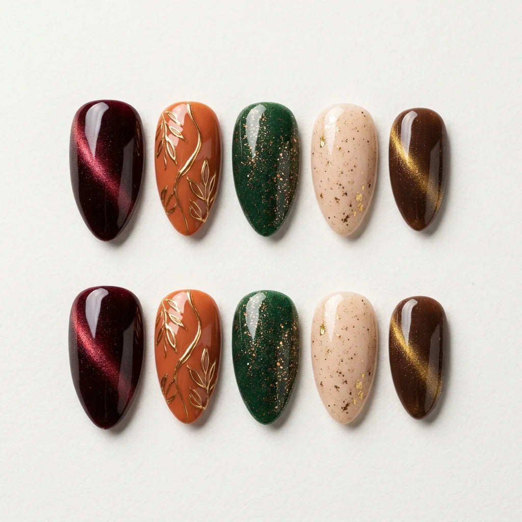 burgundy rust green 3d cat eye almond press on nails vine leaf flat lay 01