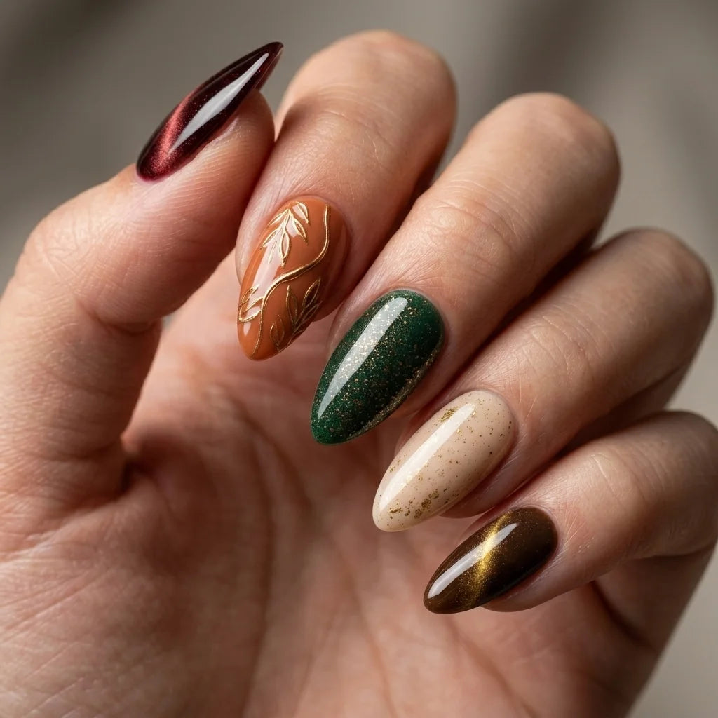 burgundy rust green 3d cat eye almond press on nails vine leaf lifestyle 01