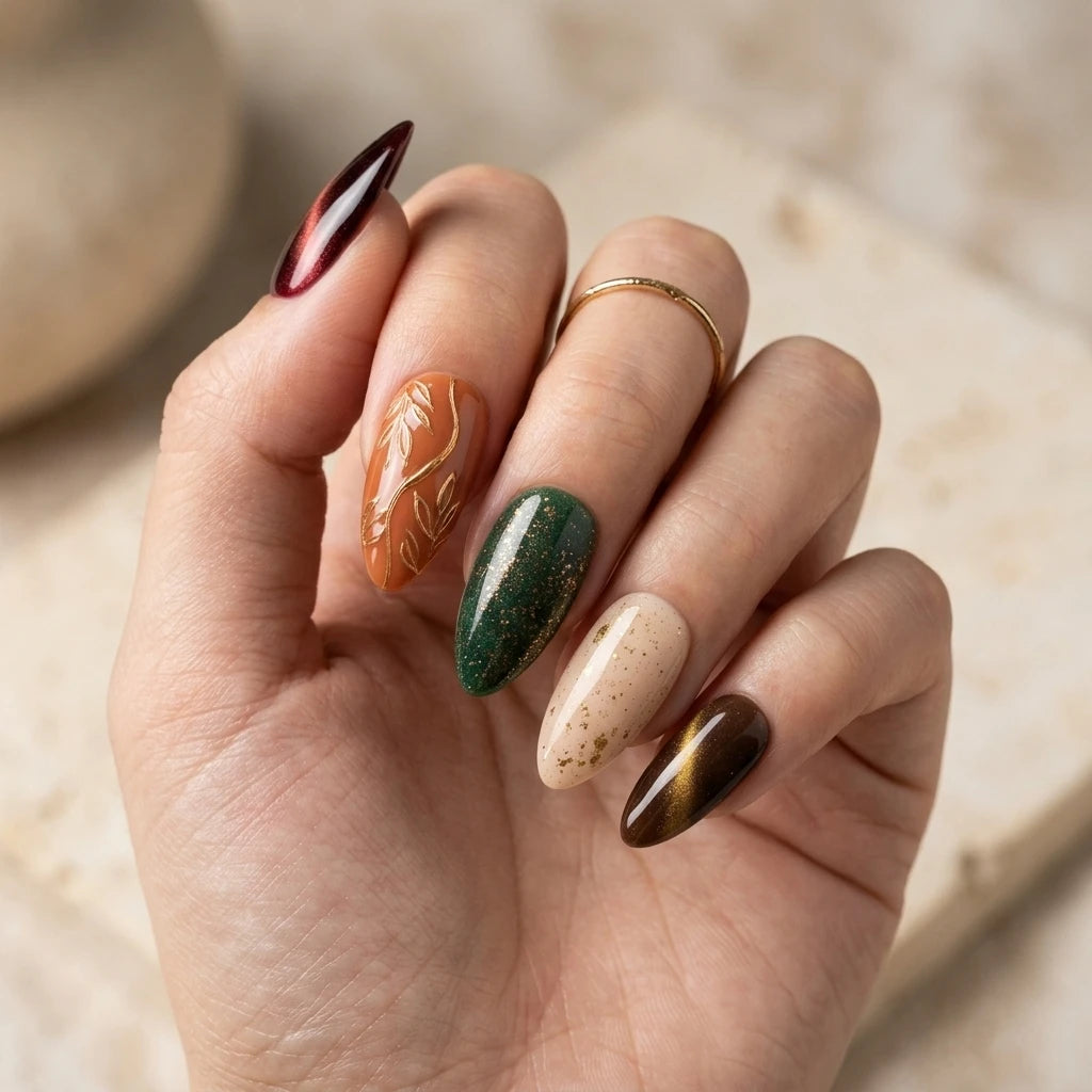 burgundy rust green 3d cat eye almond press on nails vine leaf mockup 01