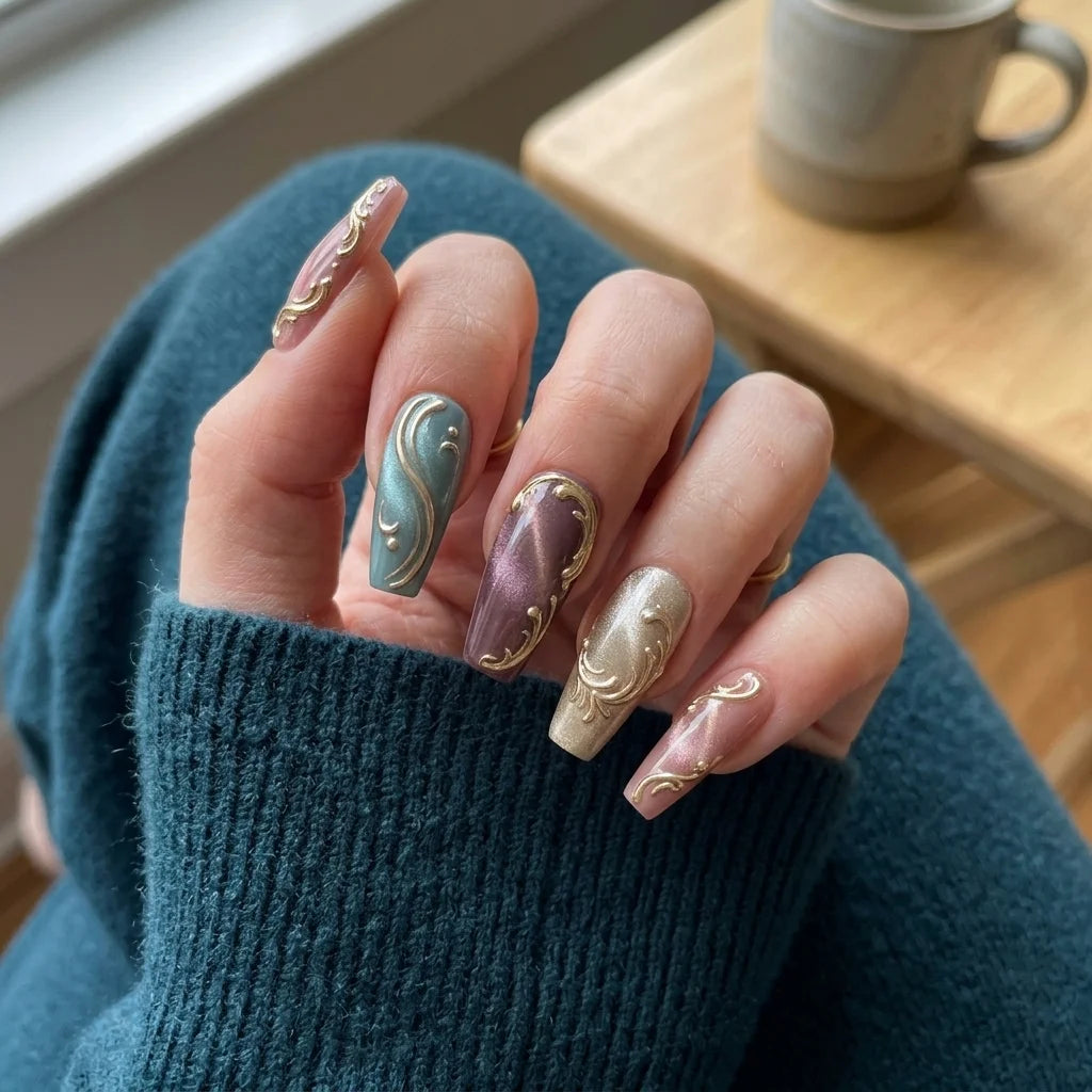 burgundy teal cat eye almond long press on nails gold filigree detail 01