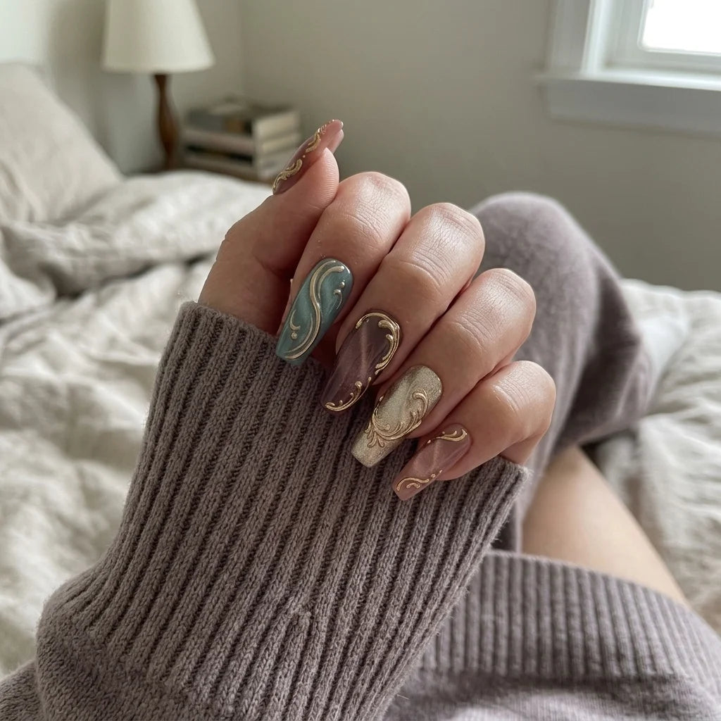 burgundy teal cat eye almond long press on nails gold filigree detail 02