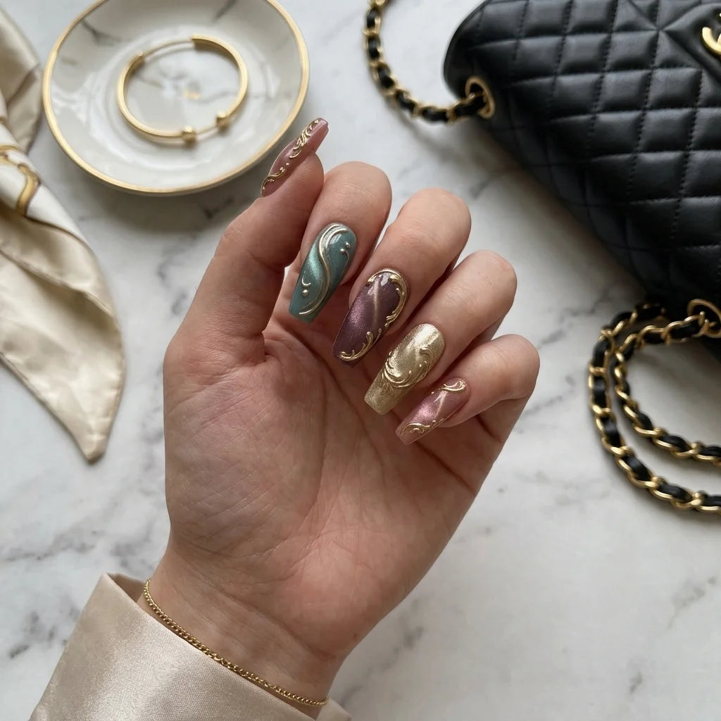 burgundy teal cat eye almond long press on nails gold filigree detail 03