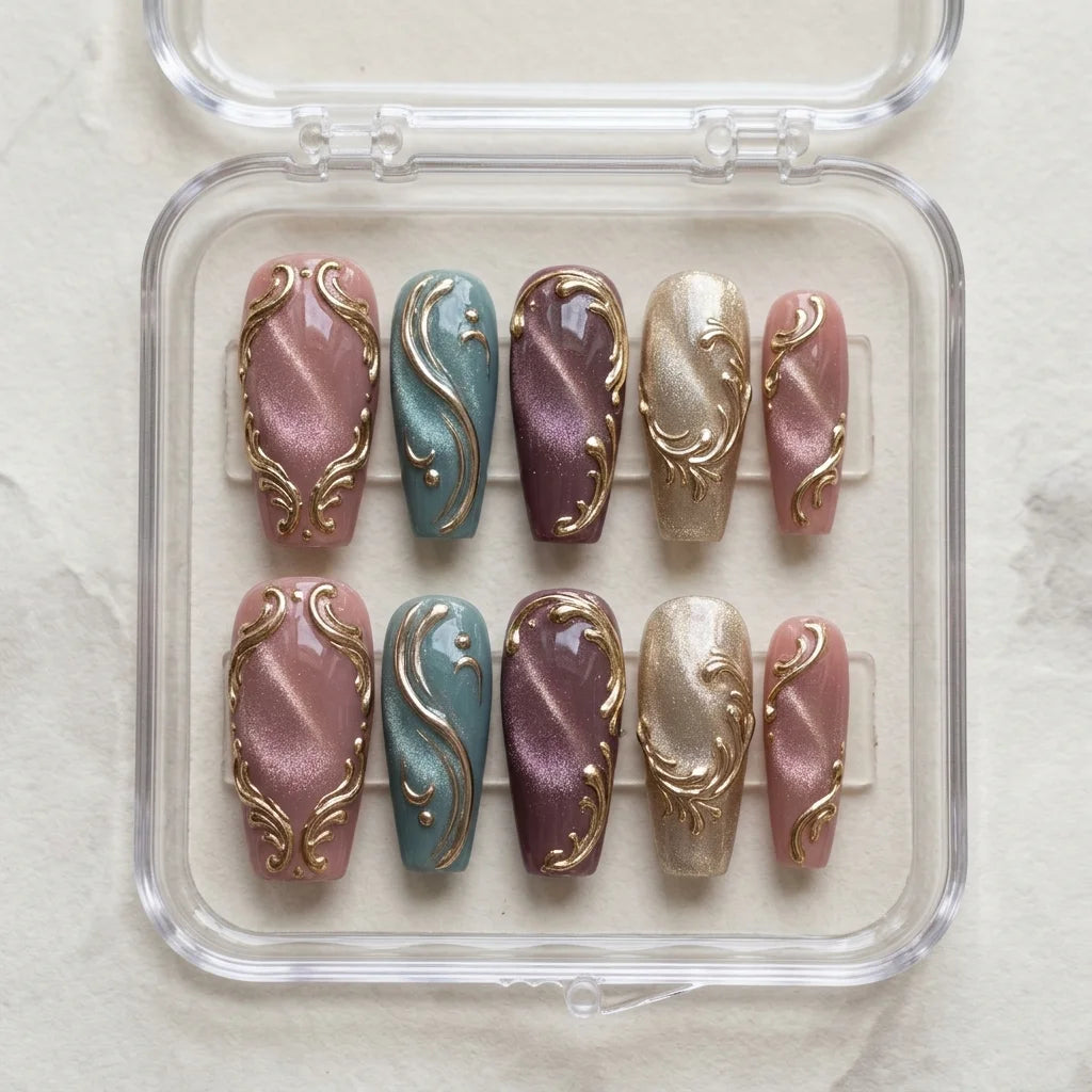 burgundy teal cat eye almond long press on nails gold filigree flat lay 01