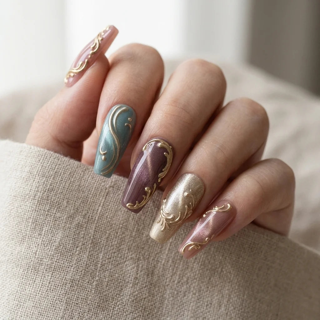 burgundy teal cat eye almond long press on nails gold filigree mockup 01
