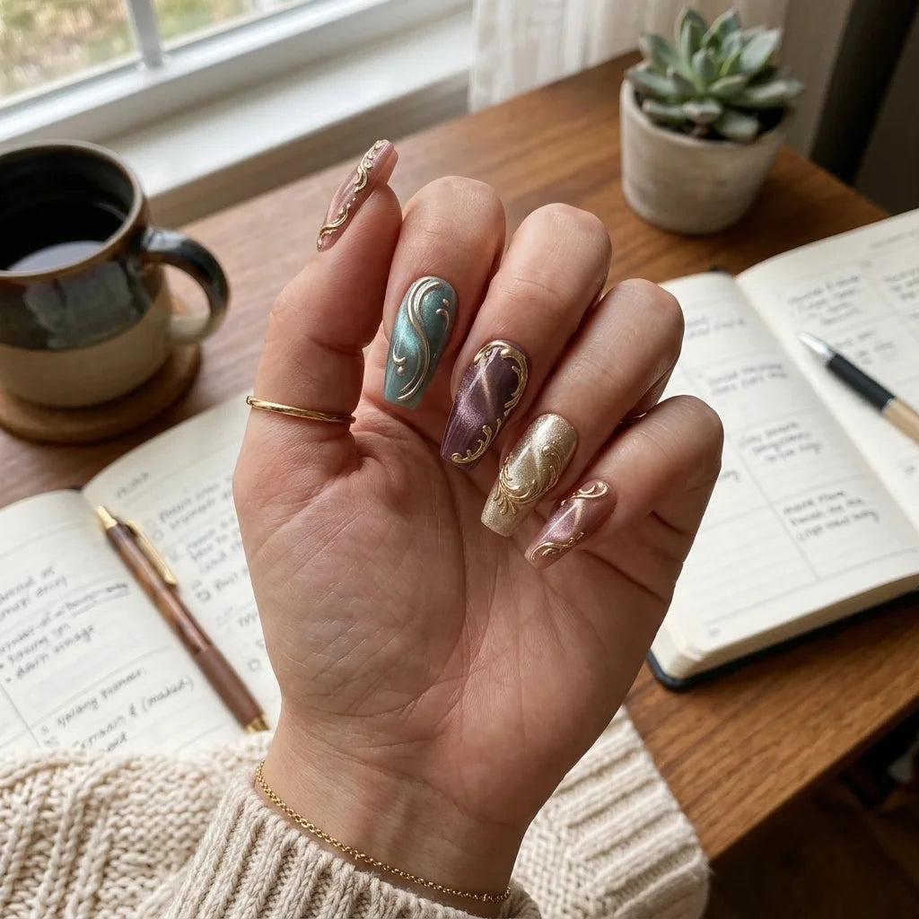 burgundy teal cat eye almond long press on nails gold filigree mockup 02