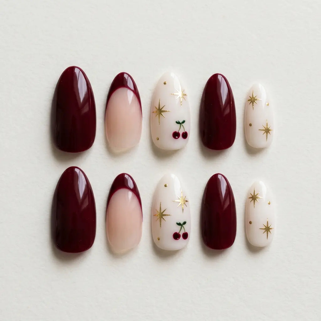 burgundy white french tip almond press on nails cherry gold star lifestyle 02