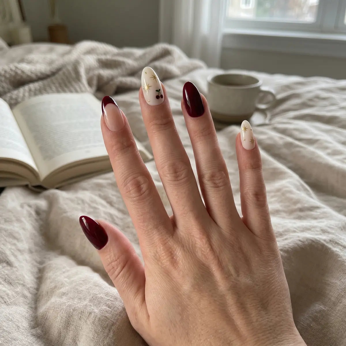 Burgundy White French Tip Almond Press On Nails Cherry Gold Star