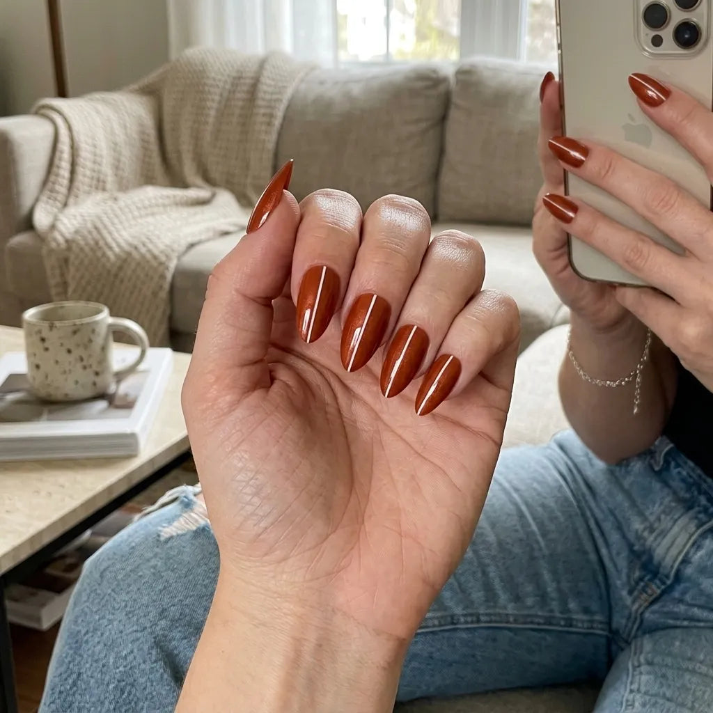 burnt orange almond press on nails white stripe lifestyle 01