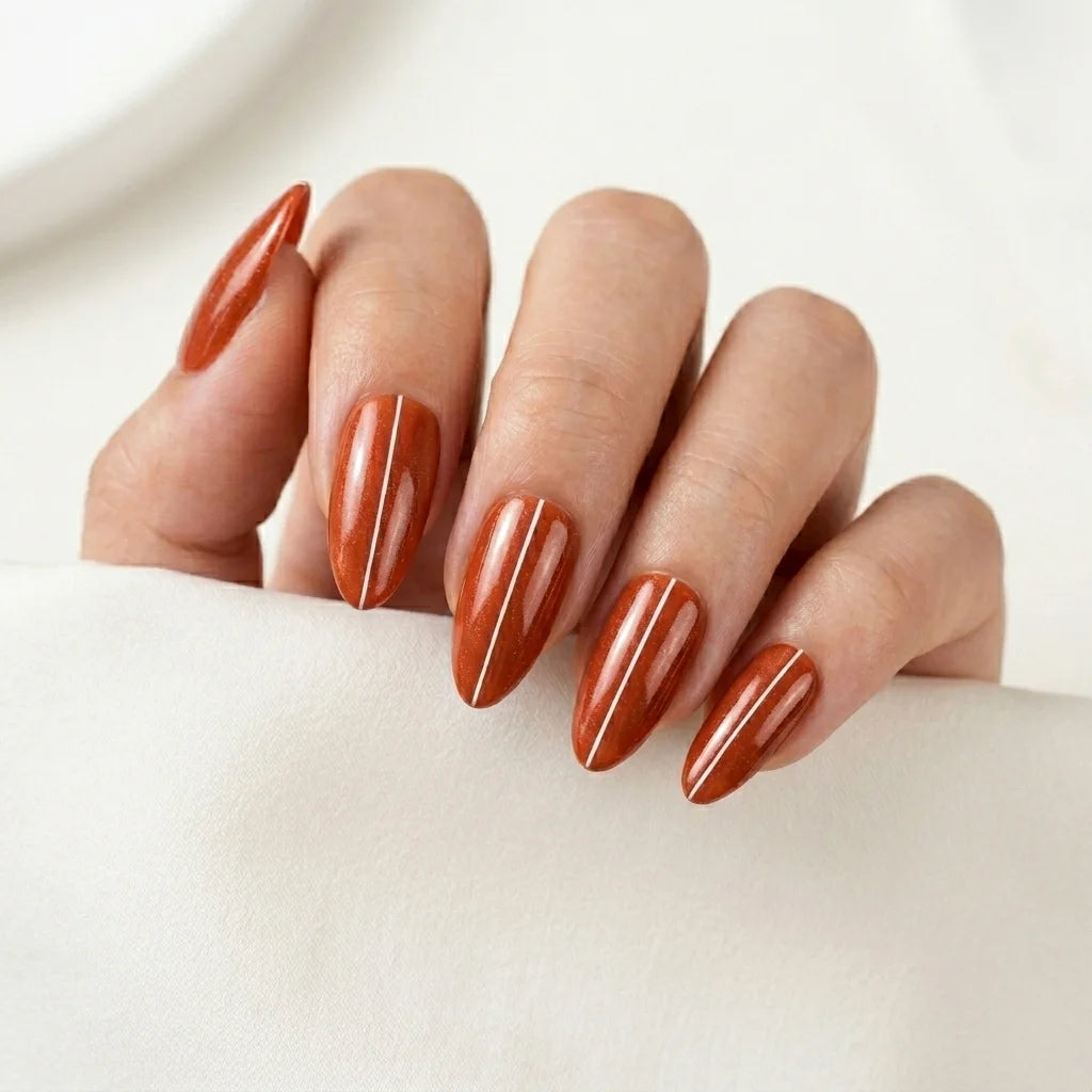 burnt orange almond press on nails white stripe mockup 01