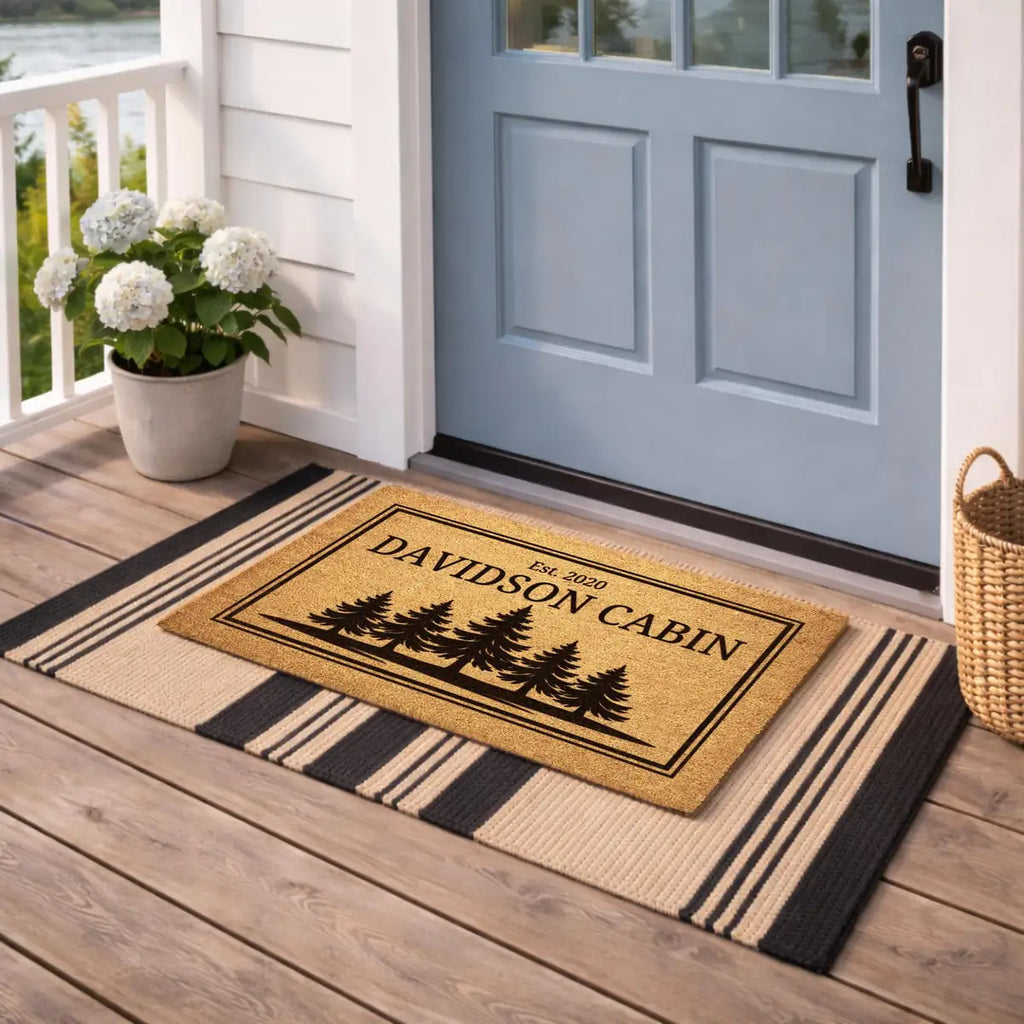 cabin name rustic pine tree custom lake house entry personalized doormat detail 03