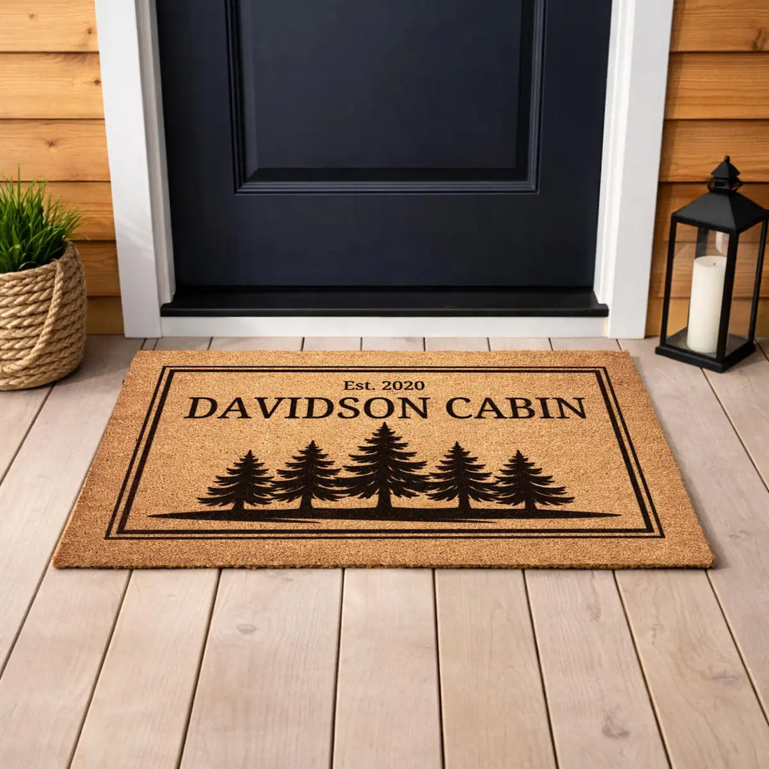 cabin name rustic pine tree custom lake house entry personalized doormat flat lay 04