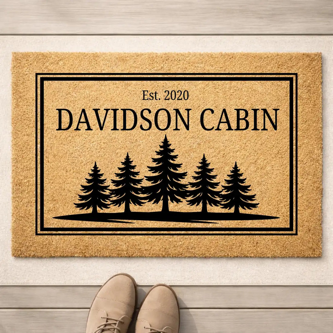cabin name rustic pine tree custom lake house entry personalized doormat flat lay 04