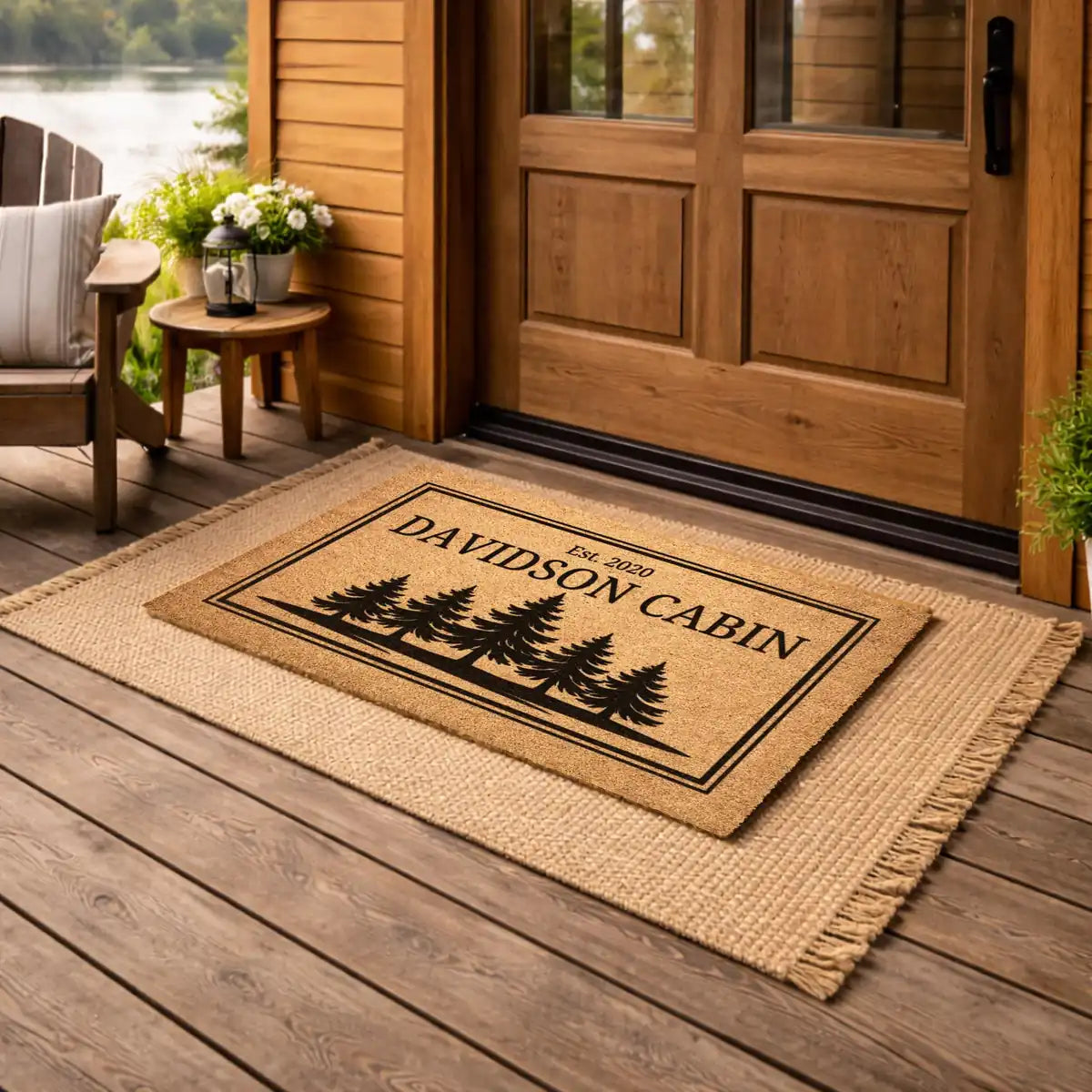 cabin name rustic pine tree custom lake house entry personalized doormat measure 06