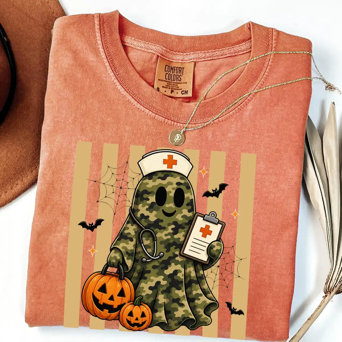 Comfort Colors T-shirt with Camo Nurse Ghost Medical Clipboard - Spooky Halloween Comfort Colors T-Shirt Halloween artwork