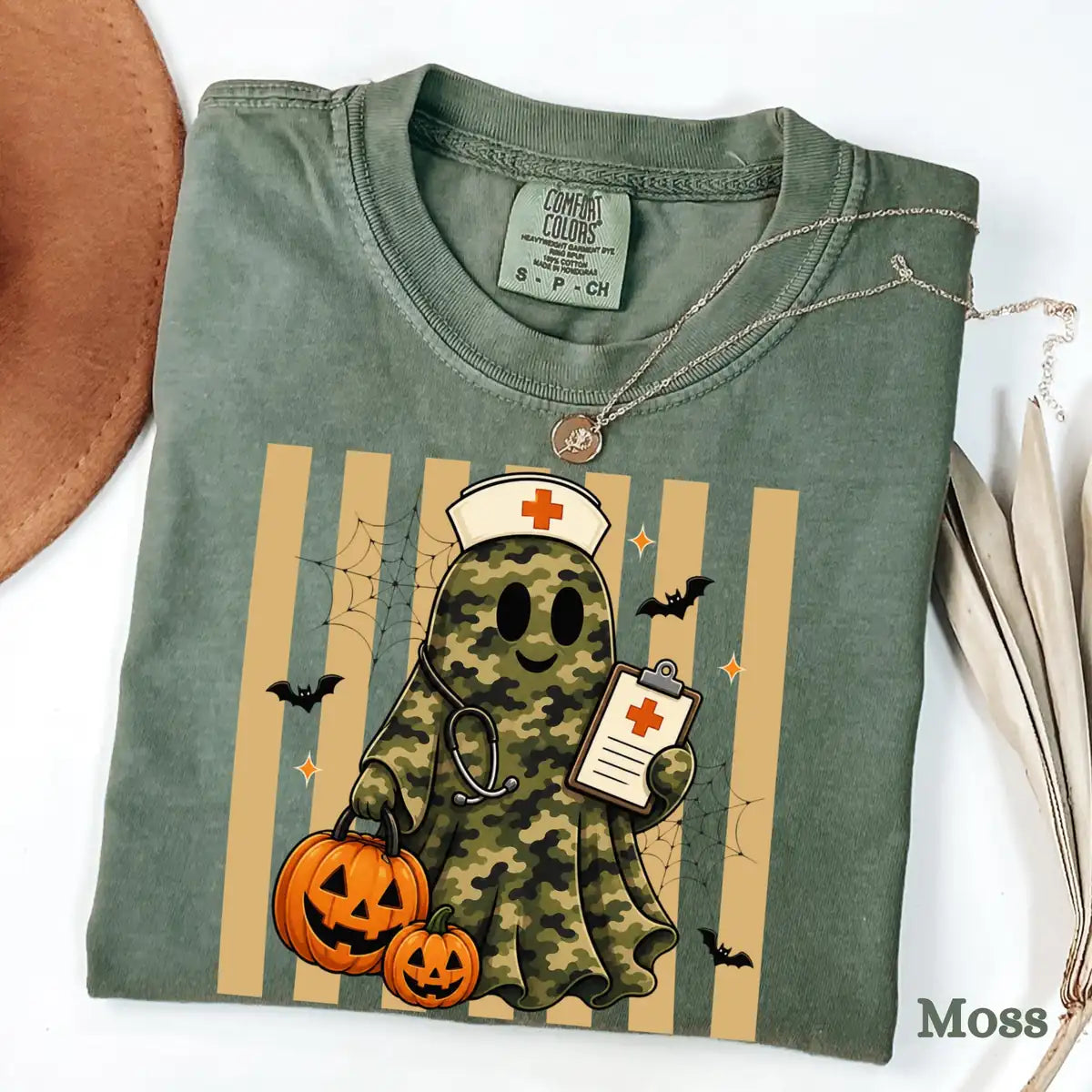 Moss Comfort Colors T-shirt with Camo Nurse Ghost Medical Clipboard - Spooky Halloween Comfort Colors T-Shirt Halloween artwork