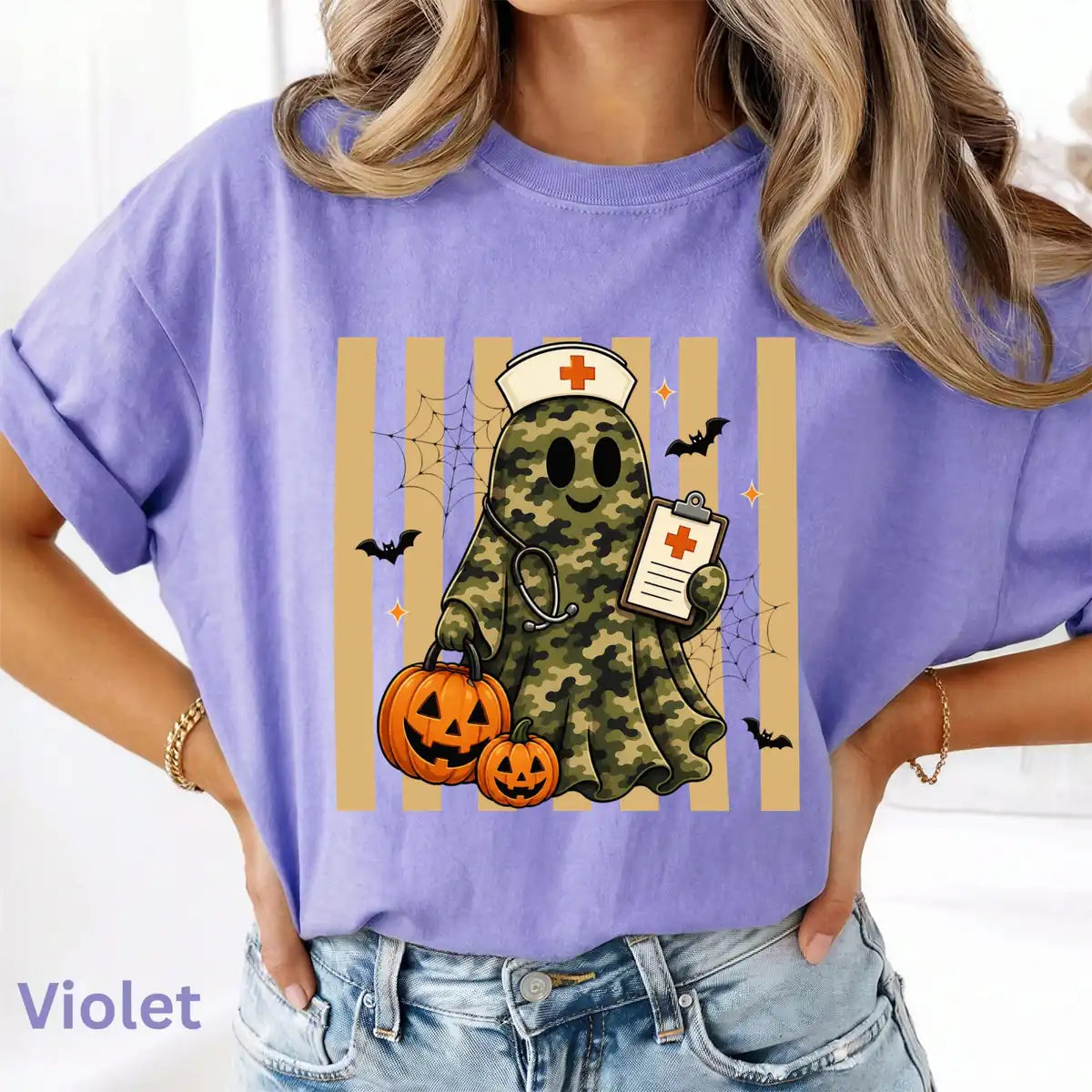 Violet Comfort Colors T-shirt with Camo Nurse Ghost Medical Clipboard - Spooky Halloween Comfort Colors T-Shirt Halloween artwork