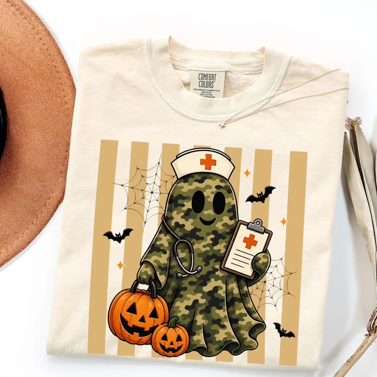 Ivory Comfort Colors T-shirt with Camo Nurse Ghost Medical Clipboard - Spooky Halloween Comfort Colors T-Shirt Halloween artwork