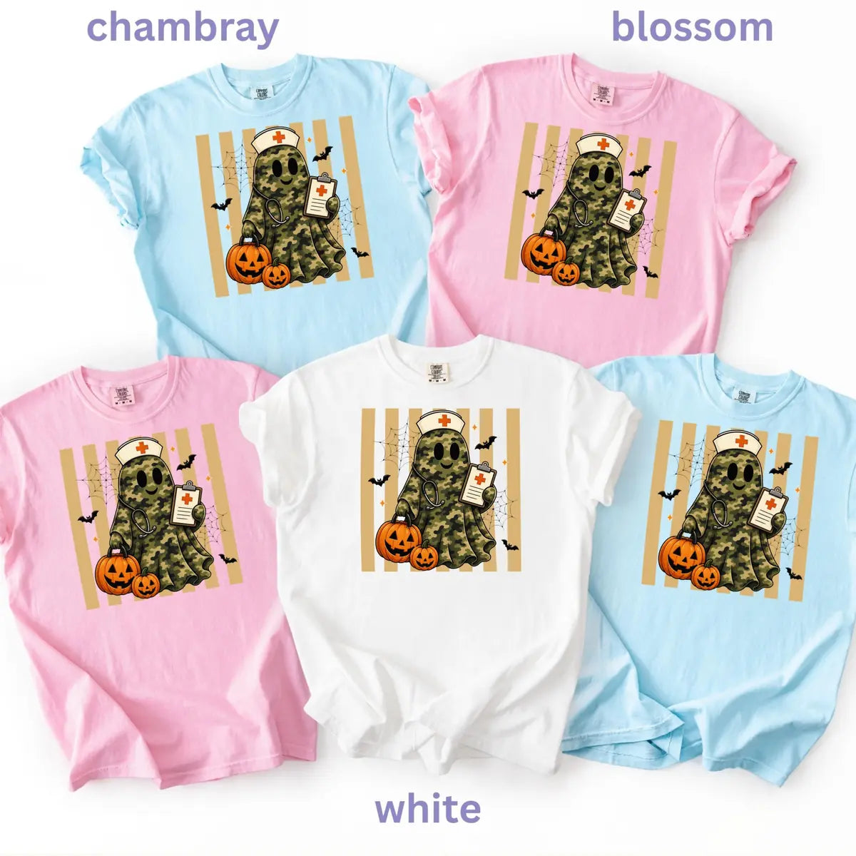 White,front-Blossom,front-Chambray Comfort Colors T-shirt with Camo Nurse Ghost Medical Clipboard - Spooky Halloween Comfort Colors T-Shirt Halloween artwork